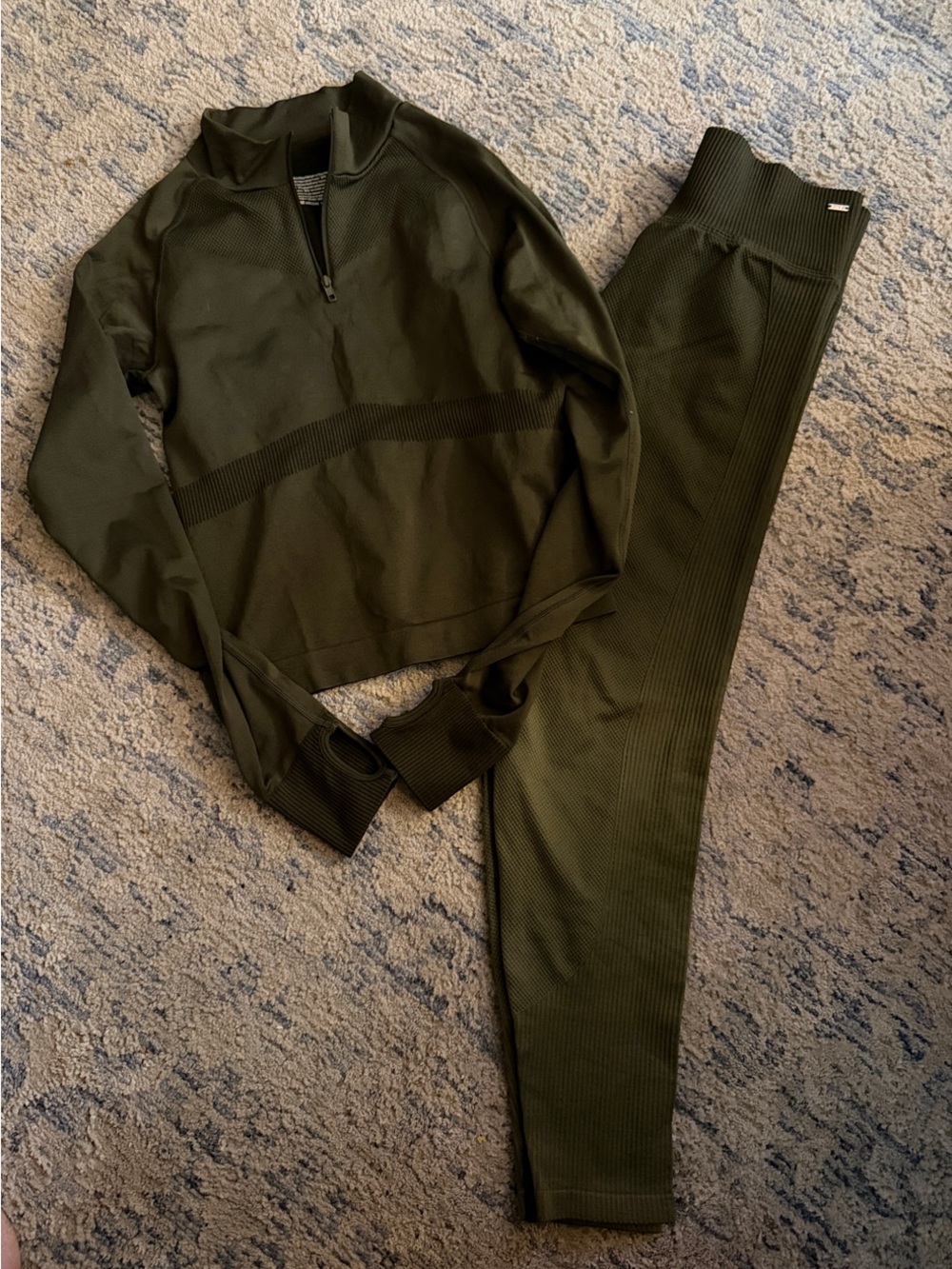 PINK Victoria's Secret Olive Green Ribbed Leggings & Half-Zip Top Set